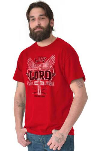 Red faith inspired t-shirts with live through the Lord Christian message worn by bearded man