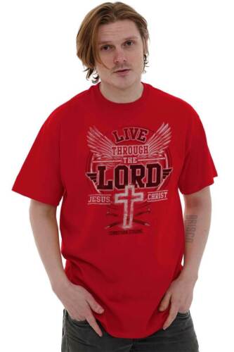 Red faith inspired t-shirts with Live Through The Lord Jesus Christ graphic worn by a male model