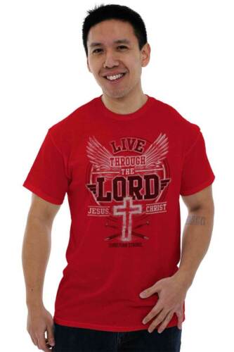Man wearing a red faith inspired t-shirt with live through the Lord Jesus Christ graphic design