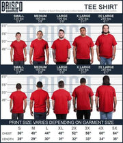 Faith inspired t-shirts by Fresh Faith Designs shown in red on models of various sizes front and back view size chart