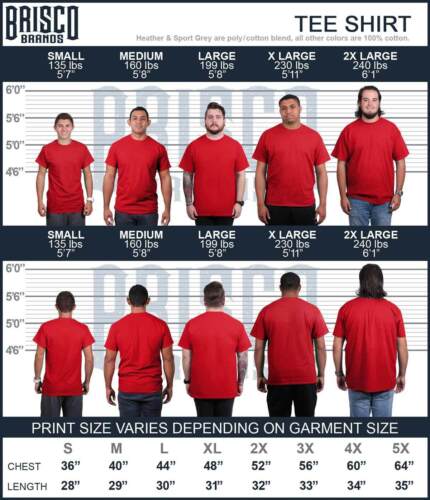 Faith inspired t-shirts by Fresh Faith Designs shown in red on models of various sizes front and back view size chart