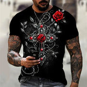 Black casual faith graphic t-shirt with ornate cross and red roses printed on front