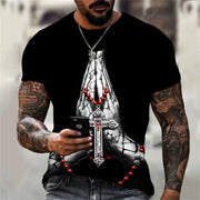 Black casual faith graphic t-shirt with praying hands and red rosary beads cross design