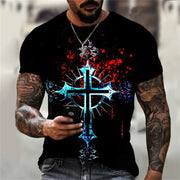 Man wearing a casual faith graphic t-shirt with a blue glowing cross and red splatter design