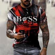 Fresh Faith Designs casual faith graphic t-shirt with red black abstract design and Boss logo