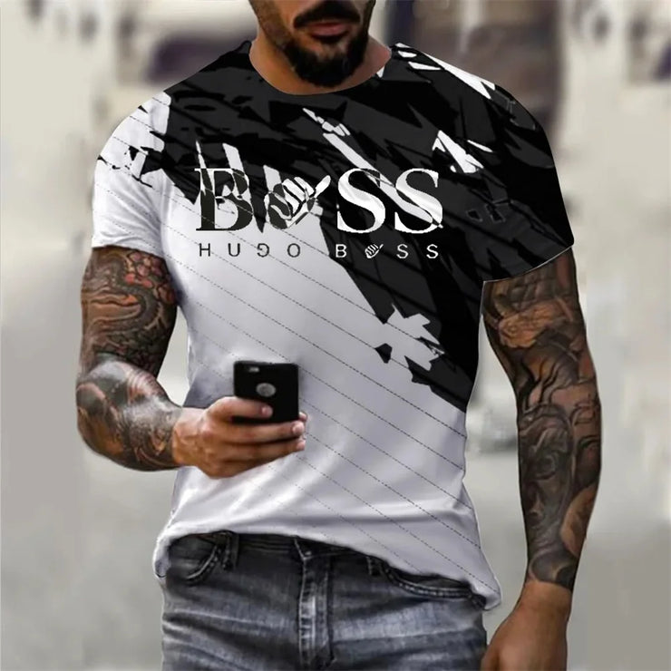 Men’s casual faith graphic t-shirt with black and white abstract design and Boss text