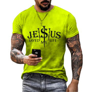 Bright yellow casual faith graphic t-shirt with Jesus saved my life text and sword design