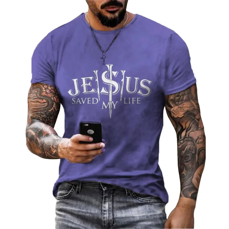 Purple casual faith graphic t-shirt with Jesus saved my life design worn by tattooed man