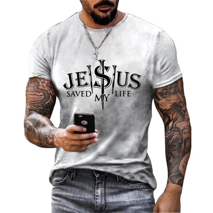 Men's casual faith graphic t-shirt with Jesus saved my life text and cross design