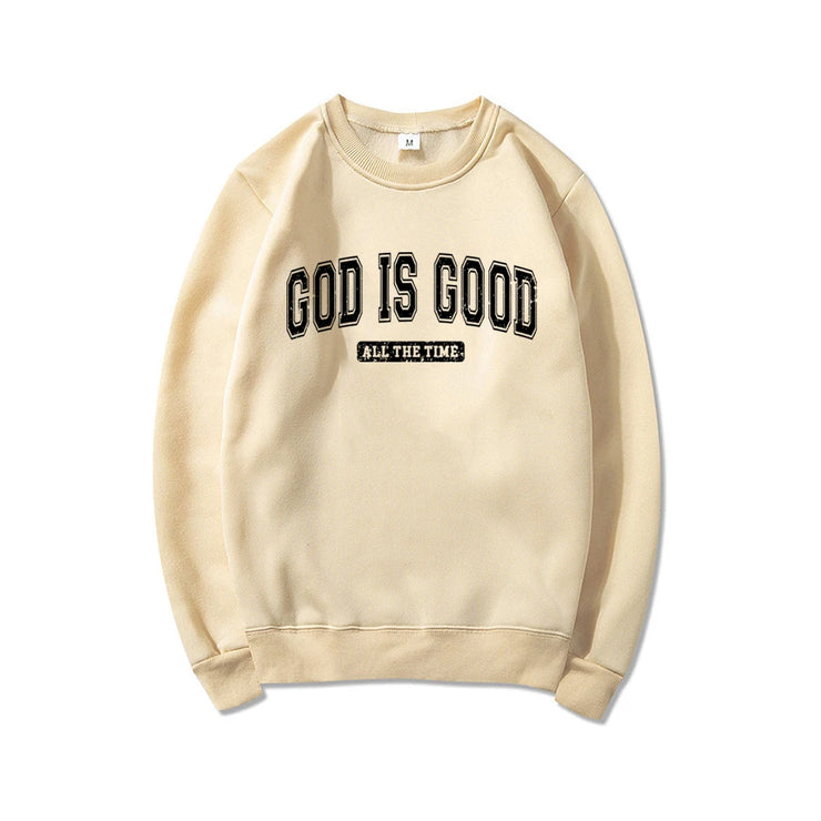 Beige sweatshirt with God Is Good all the time text Christian apparel for women by Fresh Faith Designs