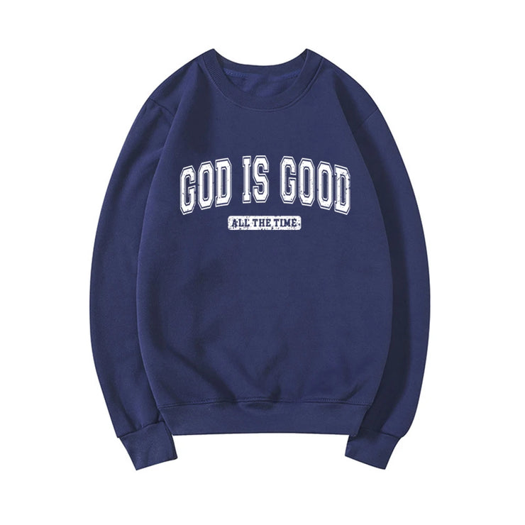 Navy blue sweatshirt with God is Good all the time text Christian apparel for women by Fresh Faith Designs