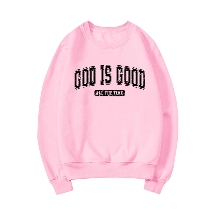 Pink Christian apparel for women sweatshirt with God is Good all the time text by Fresh Faith Designs