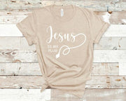 Beige Christian apparel t-shirt with Jesus is my plug text and plug graphic by Fresh Faith Designs