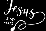 Black Christian apparel t-shirt from Fresh Faith Designs with white Jesus is my plug graphic and power plug illustration