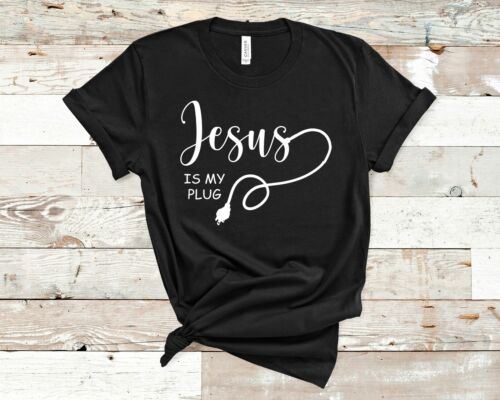 Black Christian apparel t-shirt with white text Jesus is my plug and a plug graphic