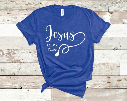 Blue Christian apparel t-shirt with Jesus is my plug white script and plug graphic design