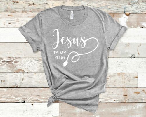 Gray Christian apparel t-shirt with Jesus is my plug graphic and cord design by Fresh Faith Designs