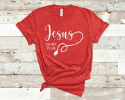 Red Christian apparel t-shirt with Jesus is my plug graphic and knotted hem