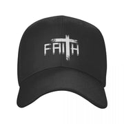 Black Christian baseball cap with white faith cross design on front from Fresh Faith Designs