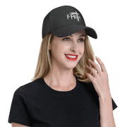 Black Christian baseball cap with white faith cross embroidery worn by smiling woman