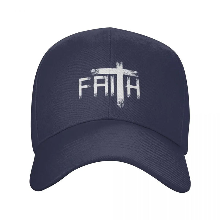 Navy blue Christian baseball cap with white faith cross design on front by Fresh Faith Designs