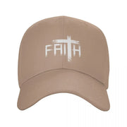 Beige Christian baseball cap with white faith cross design by Fresh Faith Designs