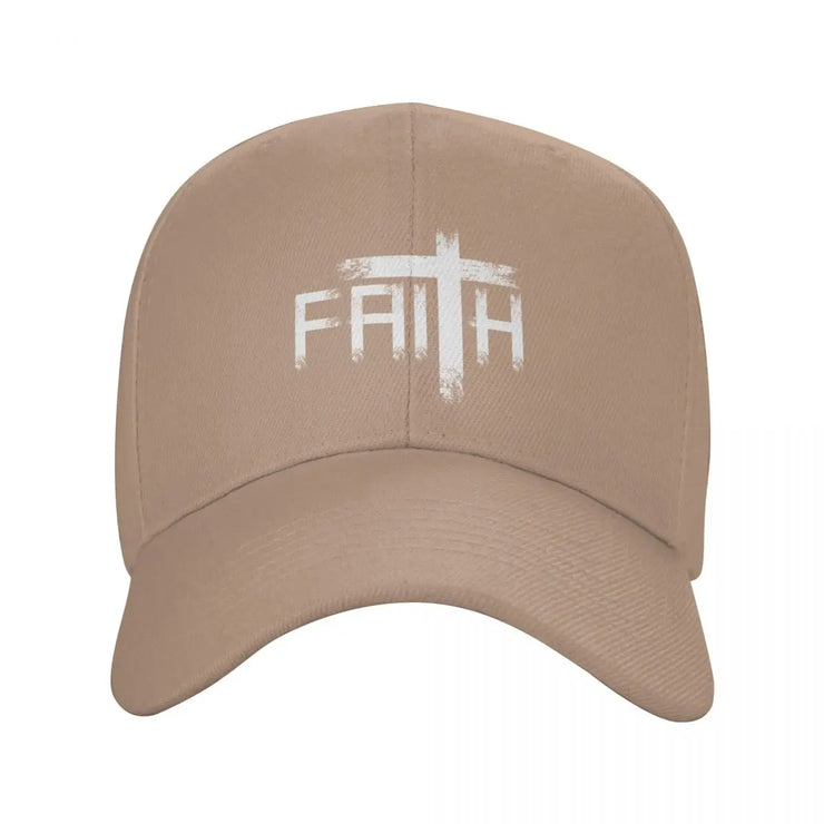 Beige Christian baseball cap with white faith cross design by Fresh Faith Designs