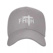 Gray Christian baseball cap with white faith cross design by Fresh Faith Designs