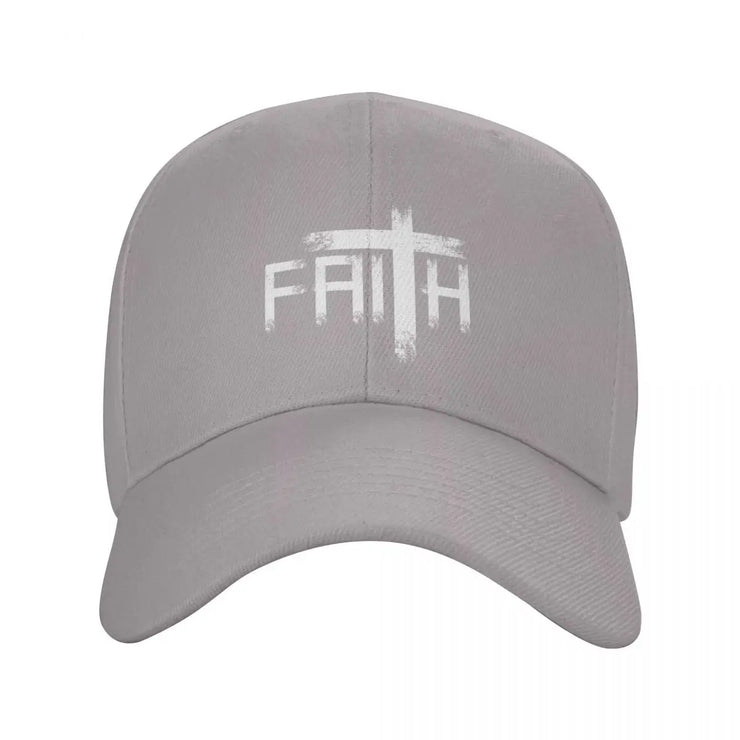 Gray Christian baseball cap with white faith cross design by Fresh Faith Designs