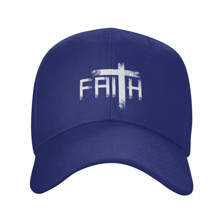 Blue Christian baseball cap with white faith cross design on front from Fresh Faith Designs