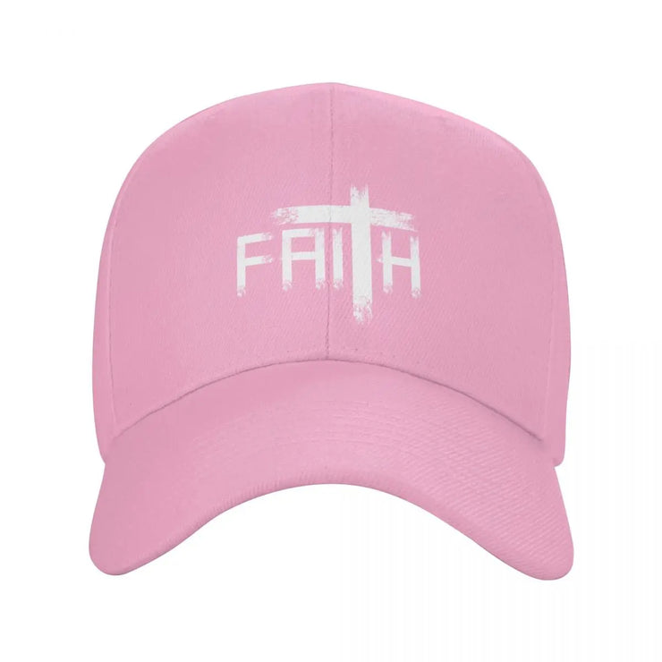 Pink Christian baseball cap with white faith cross design by Fresh Faith Designs