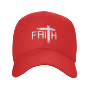 Red Christian baseball cap with white faith cross design from Fresh Faith Designs