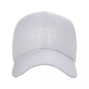 White Christian baseball cap with subtle faith design on front by Fresh Faith Designs