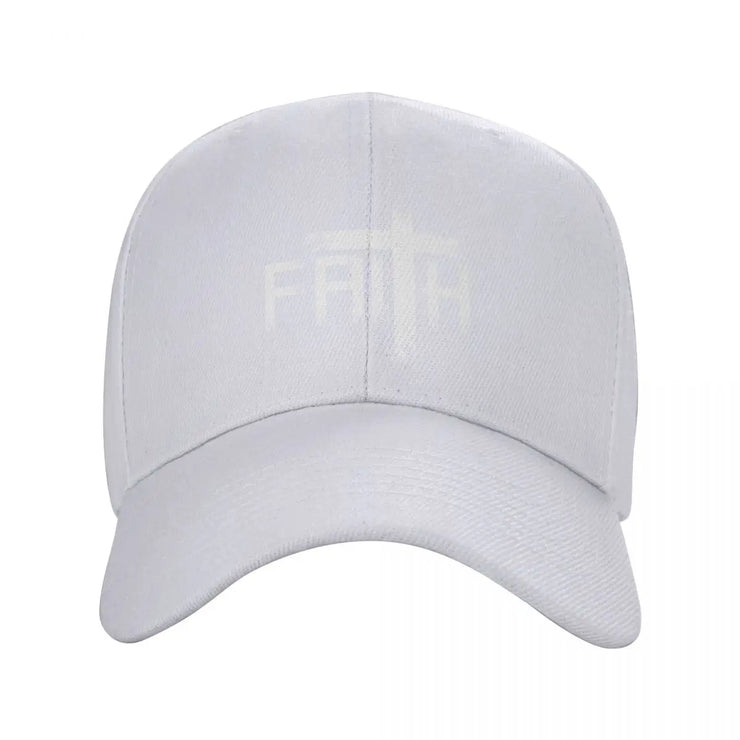 White Christian baseball cap with subtle faith design on front by Fresh Faith Designs