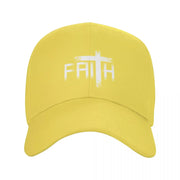 Yellow Christian baseball cap with white faith cross design on the front