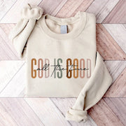 Beige folded sweatshirt with God is good all the time design Christian clothing women by Fresh Faith Designs