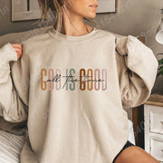 Beige sweatshirt with God is good all the time text Christian clothing women by Fresh Faith Designs