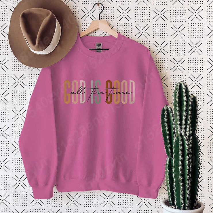 Pink Christian clothing women sweatshirt with God is Good text from Fresh Faith Designs