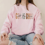 Pink God is Good all the time sweatshirt from Fresh Faith Designs Christian clothing women casual outfit