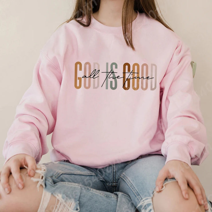 Pink God is Good all the time sweatshirt from Fresh Faith Designs Christian clothing women casual outfit