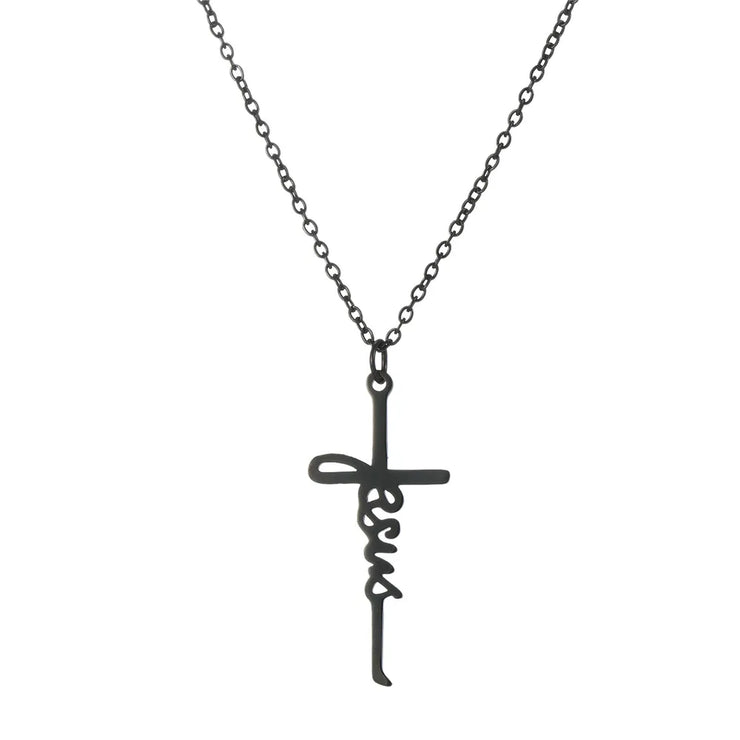 Fresh Faith Designs black cross pendant Christian faith necklace with Jesus script on chain