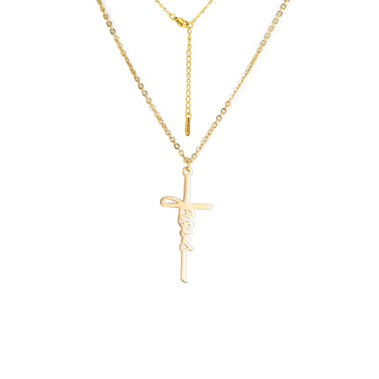 Fresh Faith Designs gold cross pendant Christian faith necklace with Jesus script on chain