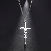Fresh Faith Designs silver cross pendant Christian faith necklace with Jesus script on chain