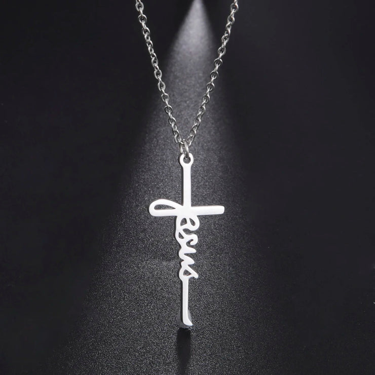Fresh Faith Designs silver cross pendant Christian faith necklace with Jesus script on chain