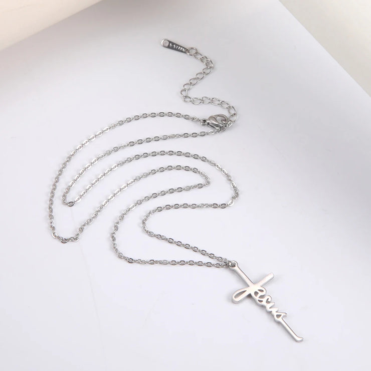 Silver Christian faith necklace by Fresh Faith Designs with Jesus cross pendant on delicate chain