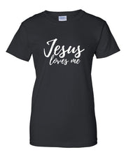 Black Christian faith t-shirt for women with Jesus loves me white script text by Fresh Faith Designs