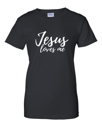 Black Christian faith t-shirt for women with Jesus loves me white script text by Fresh Faith Designs