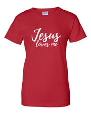 Red Christian faith t-shirt for women with Jesus loves me white text by Fresh Faith Designs