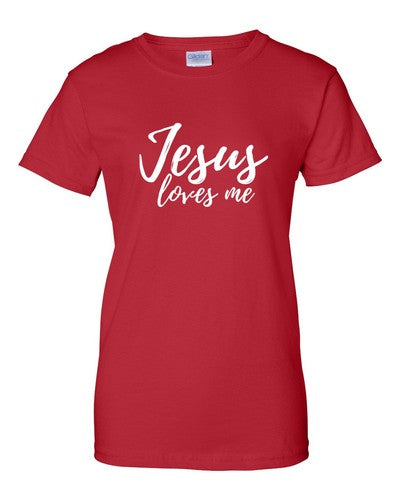 Red Christian faith t-shirt for women with Jesus loves me white text by Fresh Faith Designs