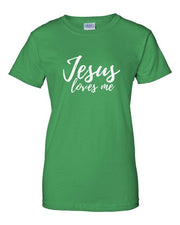 Green Christian faith t-shirt for women with Jesus loves me white script design by Fresh Faith Designs